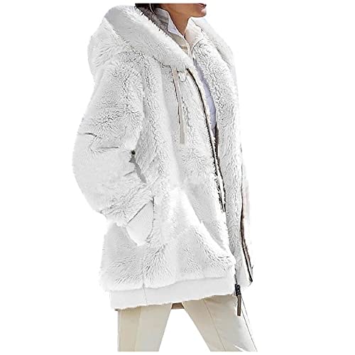 XinCDD Damen Casual Mantel Lange Ärmel Outwear Einfarbig Plüschjacke mit Kapuze Frauen Fleecejacke mit Taschen Jacke Dicke Warme Reißverschluss Plüschmantel Parka (Weiß, XL) von XinCDD