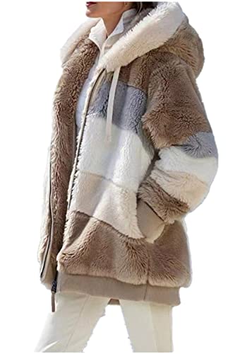 XinCDD Damen Fleecejacke Flauschjacke Plüschjacke Kunstpelzjacke Kapuzenjacke Strickjacke Faux Fur Pelzmantel Reißverschluss Fleece Mantel mit kapuze (Khaki, XL) von XinCDD