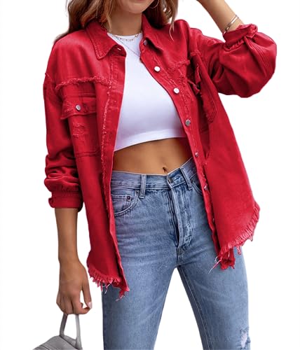 XinCDD Damen Jeansjacke Frayed Saum Langarm Distressed Denim Leichte Herbst Jacken (L, Rot) von XinCDD