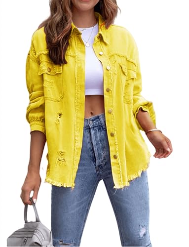 XinCDD Damen Jeansjacke Frayed Saum Langarm Distressed Denim Leichte Herbst Jacken (M, Gelb) von XinCDD