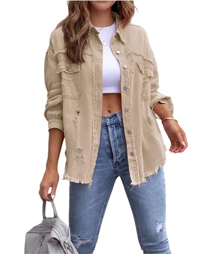 XinCDD Damen Jeansjacke Frayed Saum Langarm Distressed Denim Leichte Herbst Jacken (M, Khaki) von XinCDD