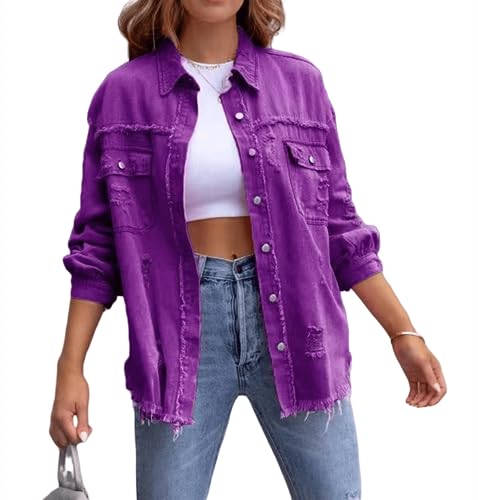 XinCDD Damen Jeansjacke Frayed Saum Langarm Distressed Denim Leichte Herbst Jacken (XXL, Lila) von XinCDD