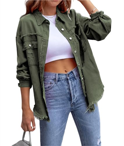 XinCDD Damen Jeansjacke Frayed Saum Langarm Distressed Denim Leichte Herbst Jacken (XXL, Military Green) von XinCDD