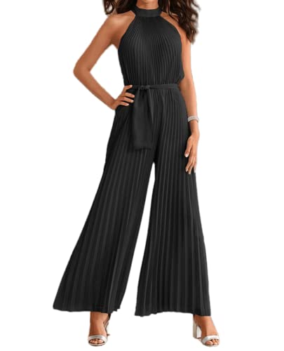 XinCDD Damen Jumpsuit Falten-Neckholder elegant Overall lang Hosenanzug Sommer Hose Mit Weitem Bein Playsuit einfarbig Romper (as3, alpha, jaspo_l, Schwarz, L) von XinCDD