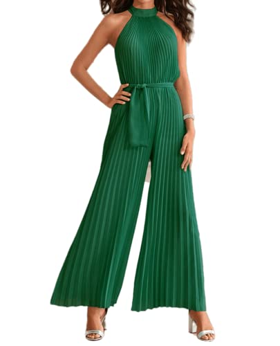 XinCDD Damen Jumpsuit Falten-Neckholder elegant Overall lang Hosenanzug Sommer Hose Mit Weitem Bein Playsuit einfarbig Romper (as3, alpha, jaspo_s, Grün, S) von XinCDD