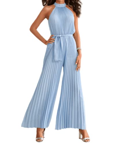 XinCDD Damen Jumpsuit Falten-Neckholder elegant Overall lang Hosenanzug Sommer Hose Mit Weitem Bein Playsuit einfarbig Romper (as3, alpha, jaspo_s, Hellblau, S) von XinCDD