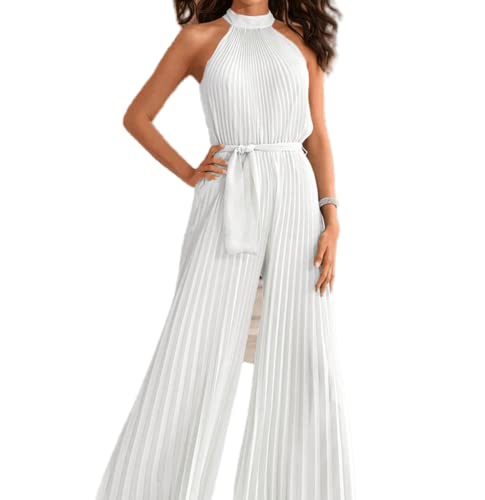 XinCDD Damen Jumpsuit Falten-Neckholder elegant Overall lang Hosenanzug Sommer Hose Mit Weitem Bein Playsuit einfarbig Romper (as3, alpha, jaspo_s, Weiß, S) von XinCDD