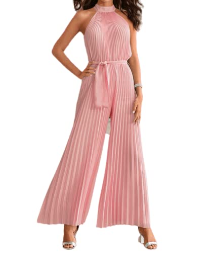 XinCDD Damen Jumpsuit Falten-Neckholder elegant Overall lang Hosenanzug Sommer Hose Mit Weitem Bein Playsuit einfarbig Romper (as3, Alpha, jaspo_m, Rosa, M) von XinCDD