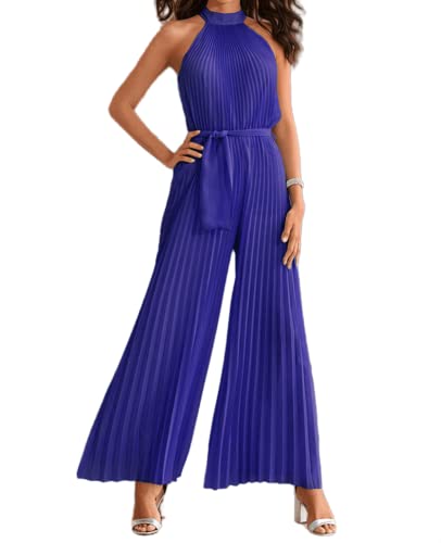 XinCDD Damen Jumpsuit Falten-Neckholder elegant Overall lang Hosenanzug Sommer Hose Mit Weitem Bein Playsuit einfarbig Romper (as3, Alpha, jaspo_s, Navy blau, S) von XinCDD