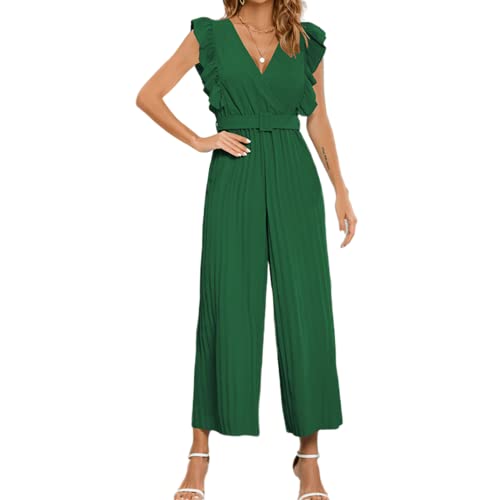 XinCDD Damen Jumpsuit Lotusblatt-Ärmel V-Ausschnitt elegant Overall lang Hosenanzug Sommer Falten- Weitem Bein Playsuit einfarbig Romper (as3, Alpha, x_l, Grün, XL) von XinCDD