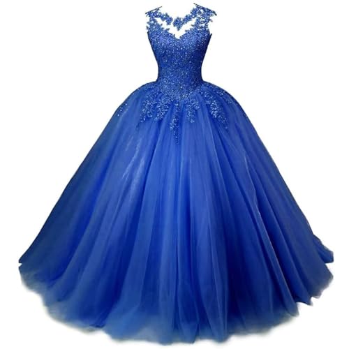 Xinaier Damen Elegante Spitze Tüll Abendkleid Abschlussballkleider Lange Ballkleid Quinceanera Kleider Blau Größe 34 von Xinaier