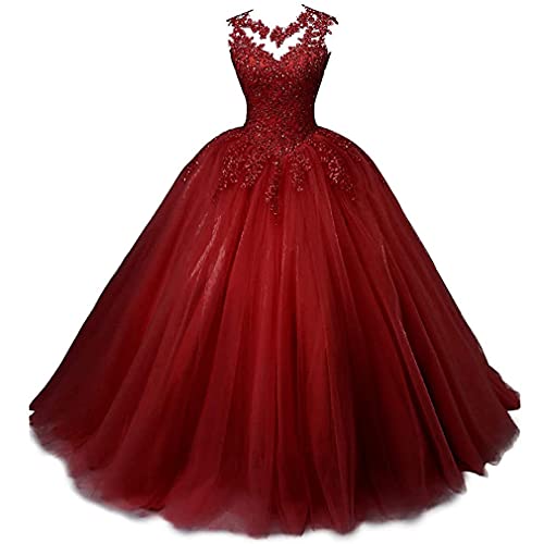 Xinaier Damen Elegante Spitze Tüll Abendkleid Abschlussballkleider Lange Ballkleid Quinceanera Kleider Burgund Größe 46 von Xinaier