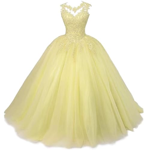 Xinaier Damen Elegante Spitze Tüll Abendkleid Abschlussballkleider Lange Ballkleid Quinceanera Kleider Gelb Größe 42 von Xinaier