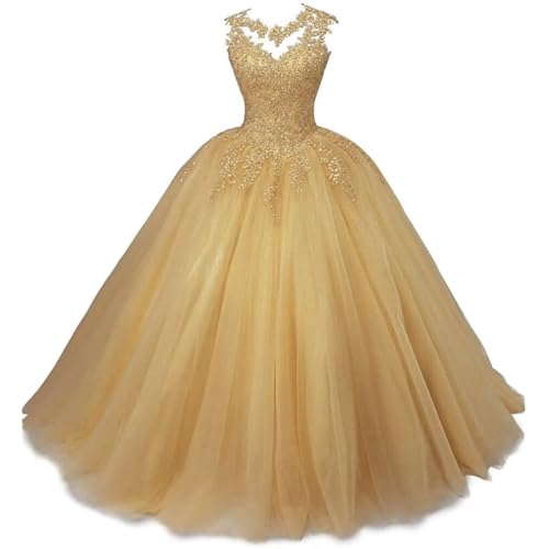 Xinaier Damen Elegante Spitze Tüll Abendkleid Abschlussballkleider Lange Ballkleid Quinceanera Kleider Gold Größe 50 von Xinaier