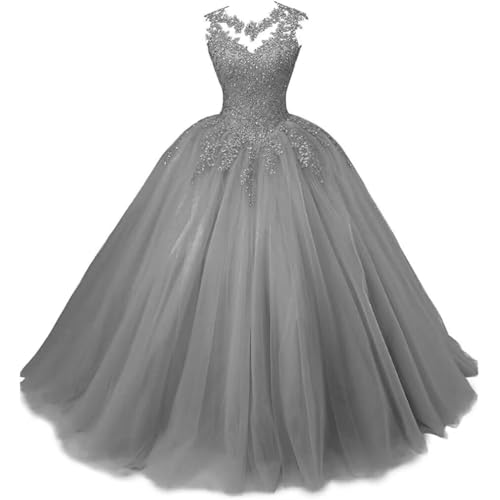 Xinaier Damen Elegante Spitze Tüll Abendkleid Abschlussballkleider Lange Ballkleid Quinceanera Kleider Grau Größe 54 von Xinaier