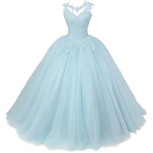 Xinaier Damen Elegante Spitze Tüll Abendkleid Abschlussballkleider Lange Ballkleid Quinceanera Kleider Hellblau Größe 54 von Xinaier