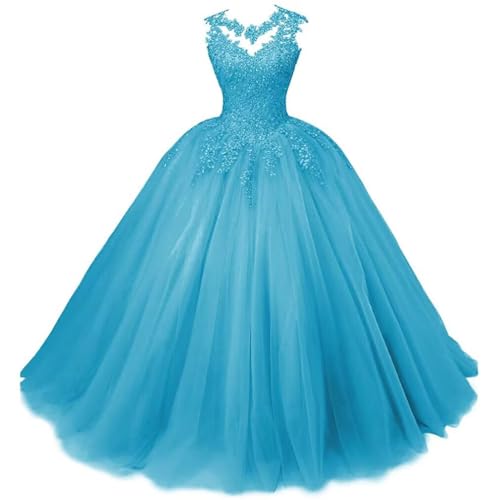 Xinaier Damen Elegante Spitze Tüll Abendkleid Abschlussballkleider Lange Ballkleid Quinceanera Kleider Himmelblau Größe 44 von Xinaier
