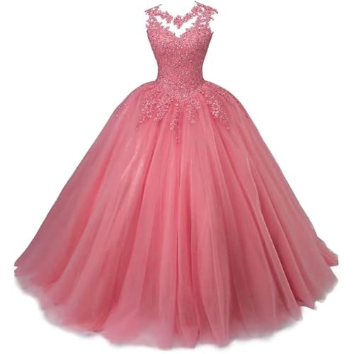 Xinaier Damen Elegante Spitze Tüll Abendkleid Abschlussballkleider Lange Ballkleid Quinceanera Kleider Koralle Größe 50 von Xinaier