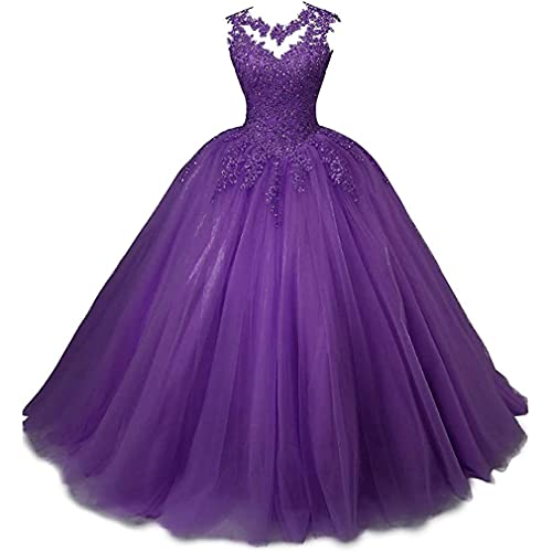 Xinaier Damen Elegante Spitze Tüll Abendkleid Abschlussballkleider Lange Ballkleid Partykleid Festkleider Lila Größe 32 von Xinaier