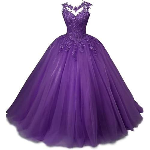 Xinaier Damen Elegante Spitze Tüll Abendkleid Abschlussballkleider Lange Ballkleid Quinceanera Kleider Lila Größe 48 von Xinaier