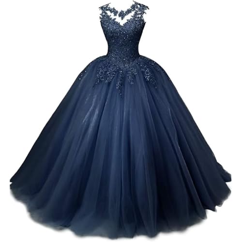 Xinaier Damen Elegante Spitze Tüll Abendkleid Abschlussballkleider Lange Ballkleid Quinceanera Kleider Marineblau Größe 40 von Xinaier