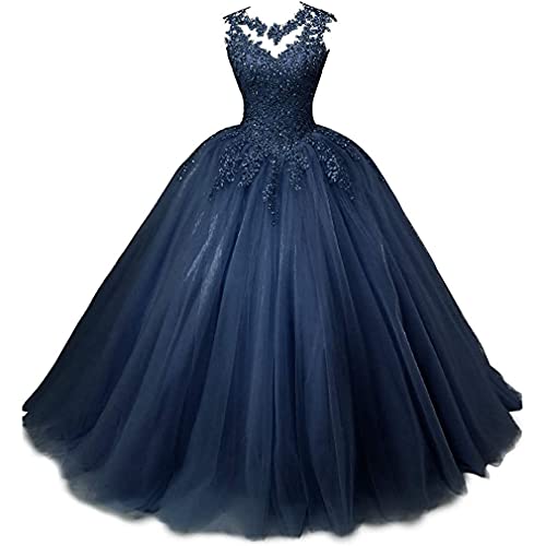 Xinaier Damen Elegante Spitze Tüll Abendkleid Abschlussballkleider Lange Ballkleid Quinceanera Kleider Marineblau Größe 46 von Xinaier
