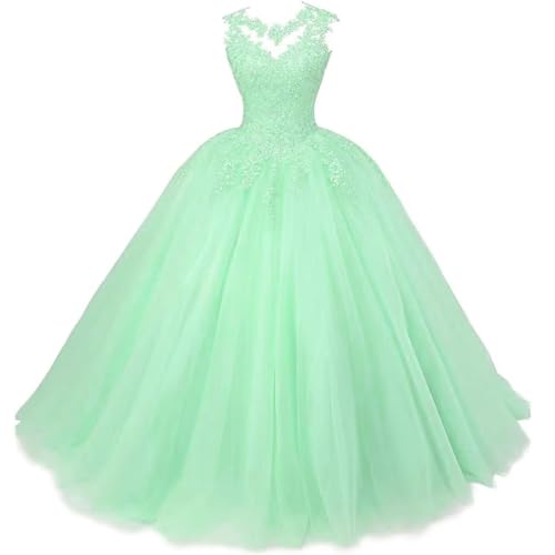 Xinaier Damen Elegante Spitze Tüll Abendkleid Abschlussballkleider Lange Ballkleid Quinceanera Kleider Minze Größe 46 von Xinaier