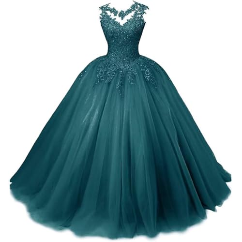 Xinaier Damen Elegante Spitze Tüll Abendkleid Abschlussballkleider Lange Ballkleid Quinceanera Kleider Pfauengrün Größe 52 von Xinaier