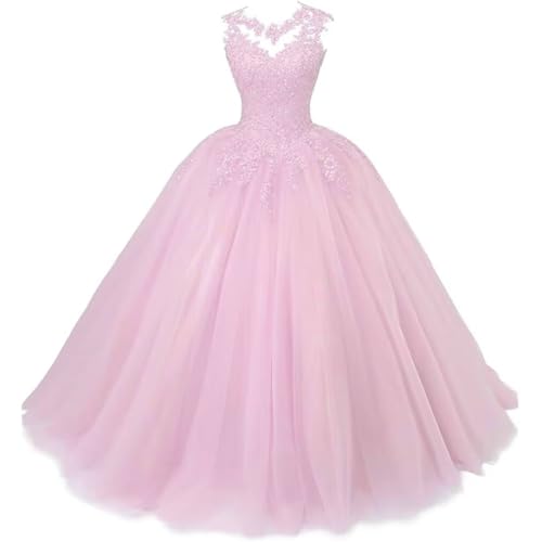 Xinaier Damen Elegante Spitze Tüll Abendkleid Abschlussballkleider Lange Ballkleid Quinceanera Kleider Rosa Größe 34 von Xinaier