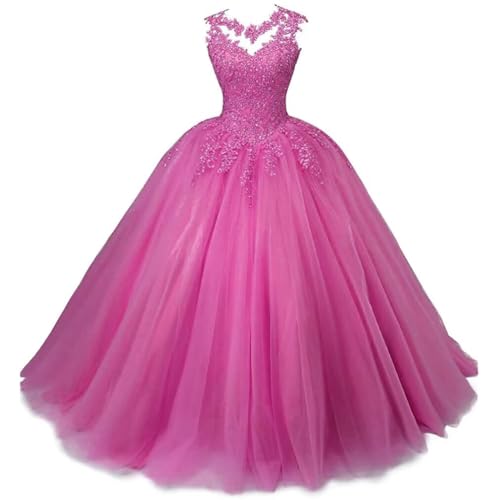 Xinaier Damen Elegante Spitze Tüll Abendkleid Abschlussballkleider Lange Ballkleid Quinceanera Kleider Rose Größe 44 von Xinaier