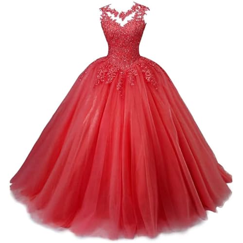 Xinaier Damen Elegante Spitze Tüll Abendkleid Abschlussballkleider Lange Ballkleid Quinceanera Kleider Rot Größe 38 von Xinaier