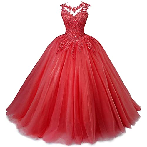 Xinaier Damen Elegante Spitze Tüll Abendkleid Abschlussballkleider Lange Ballkleid Partykleid Festkleider Rot Größe 42 von Xinaier