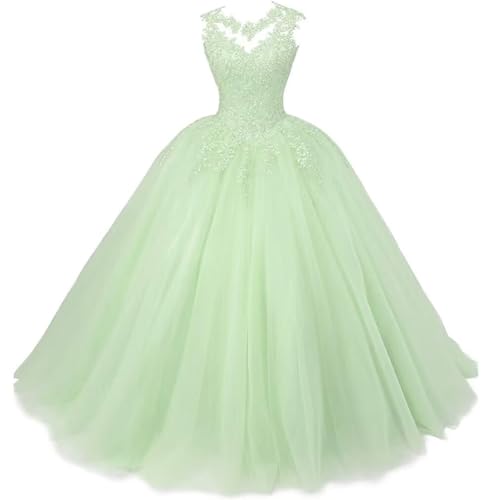 Xinaier Damen Elegante Spitze Tüll Abendkleid Abschlussballkleider Lange Ballkleid Quinceanera Kleider Sage Größe 44 von Xinaier