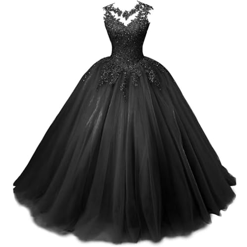 Xinaier Damen Elegante Spitze Tüll Abendkleid Abschlussballkleider Lange Ballkleid Quinceanera Kleider Schwarz Größe 38 von Xinaier