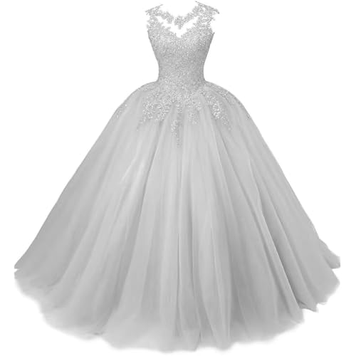 Xinaier Damen Elegante Spitze Tüll Abendkleid Abschlussballkleider Lange Ballkleid Quinceanera Kleider Silber Größe 52 von Xinaier