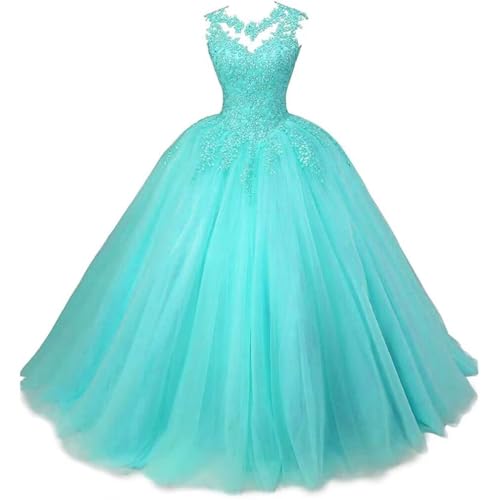 Xinaier Damen Elegante Spitze Tüll Abendkleid Abschlussballkleider Lange Ballkleid Quinceanera Kleider Türkis Größe 36 von Xinaier