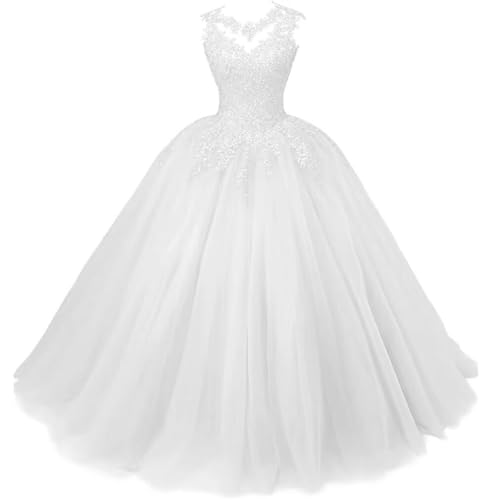 Xinaier Damen Elegante Spitze Tüll Abendkleid Abschlussballkleider Lange Ballkleid Quinceanera Kleider Weiß Größe 48 von Xinaier