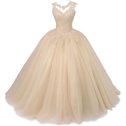 Xinaier Damen Elegante Spitze Tüll Abendkleid Abschlussballkleider Lange Ballkleid Quinceanera Kleider Champagner Größe 40 von Xinaier