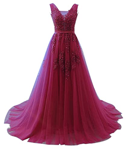 Xinaier Damen Lange Tüll Formellen Abendkleid Ballkleid Perles Abschlussballkleid Festkleider Weinrot Größe 54 von Xinaier