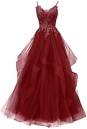 Xinaier Damen Spaghetti-Träger Lang Tüll Formellen Abendkleid Ballkleid Brautkleider Burgund Größe 36 von Xinaier