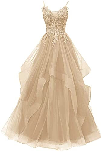 Xinaier Damen Spaghetti-Träger Lang Tüll Formellen Abendkleid Ballkleid Brautkleider Champagner Größe 32 von Xinaier