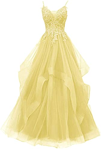 Xinaier Damen Spaghetti-Träger Lang Tüll Formellen Abendkleid Ballkleid Brautkleider Gelb Größe 32 von Xinaier