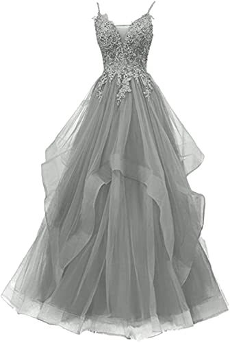 Xinaier Damen Spaghetti-Träger Lang Tüll Formellen Abendkleid Ballkleid Brautkleider Grau Größe 38 von Xinaier