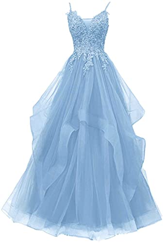 Xinaier Damen Spaghetti-Träger Lang Tüll Formellen Abendkleid Ballkleid Brautkleider Hellblau Größe 32 von Xinaier