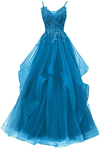 Xinaier Damen Spaghetti-Träger Lang Tüll Formellen Abendkleid Ballkleid Brautkleider Himmelblau Größe 38 von Xinaier