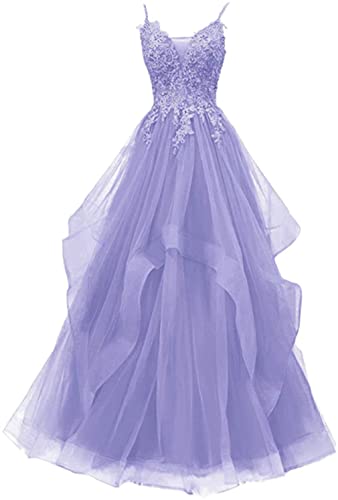 Xinaier Damen Spaghetti-Träger Lang Tüll Formellen Abendkleid Ballkleid Brautkleider Lavendel Größe 36 von Xinaier