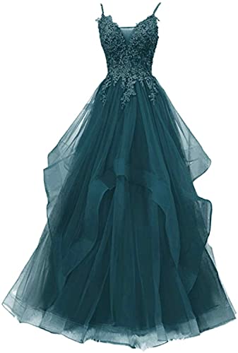 Xinaier Damen Spaghetti-Träger Lang Tüll Formellen Abendkleid Ballkleid Brautkleider Pfauengrün Größe 34 von Xinaier