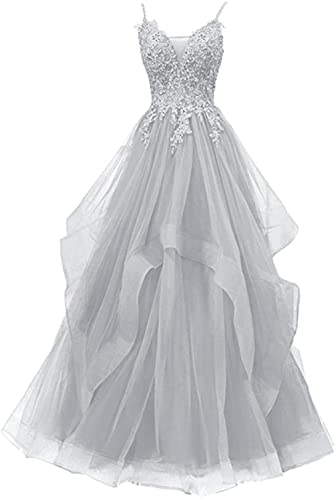 Xinaier Damen Spaghetti-Träger Lang Tüll Formellen Abendkleid Ballkleid Brautkleider Silber Größe 44 Xinaier Damen Spaghetti-Träger Lang Tüll Formellen Abendkleid Ballkleid Brautkleider Silber Größe 44 von Xinaier