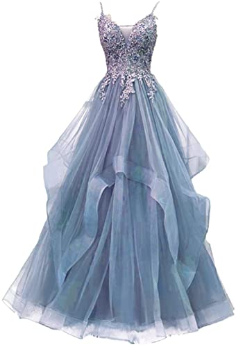 Xinaier Damen Spaghetti-Träger Lang Tüll Formellen Abendkleid Ballkleid Brautkleider Staubig Blau Größe 32 von Xinaier