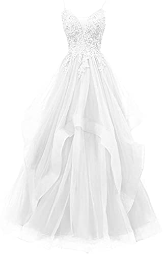 Xinaier Damen Spaghetti-Träger Lang Tüll Formellen Abendkleid Ballkleid Brautkleider Weiß Größe 38 von Xinaier